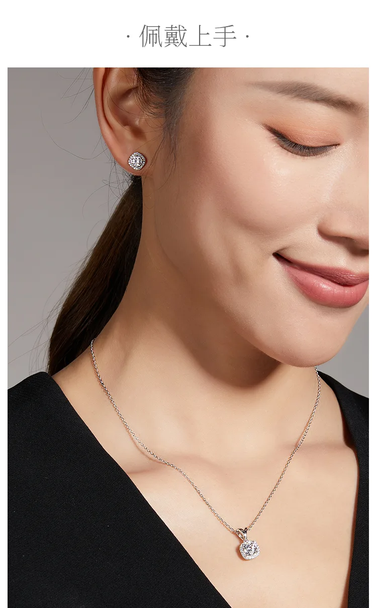 Classic Square Bezel S925 White-Gold-Plated Silver Moissanite Pendant Stud Earri