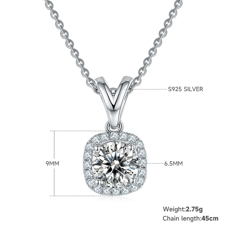 Classic Square Bezel S925 White-Gold-Plated Silver Moissanite Pendant Stud Earrings Jewelry Set