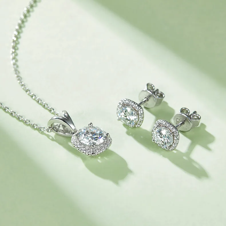 Classic Square Bezel S925 White-Gold-Plated Silver Moissanite Pendant Stud Earrings Jewelry Set
