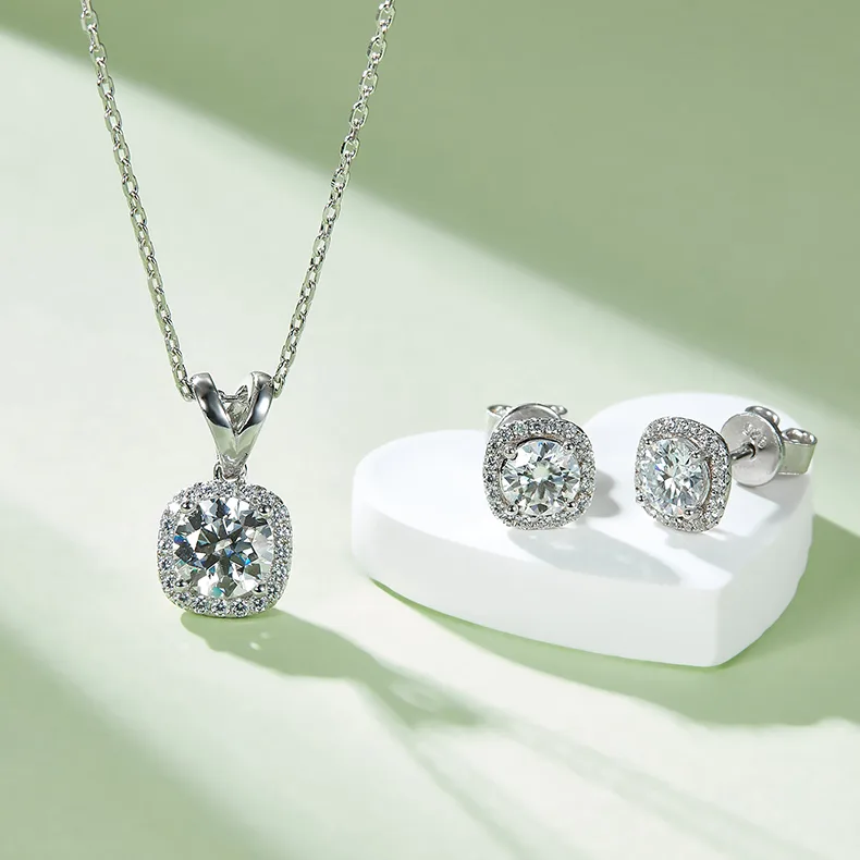 Classic Square Bezel S925 White-Gold-Plated Silver Moissanite Pendant Stud Earrings Jewelry Set