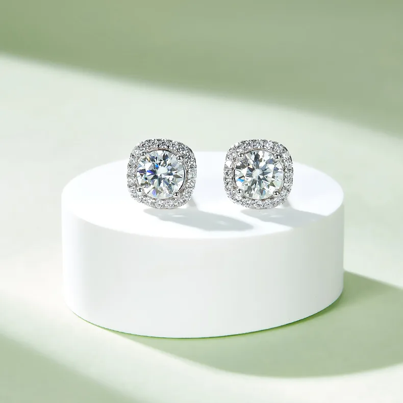 Classic Square Bezel S925 White-Gold-Plated Silver Moissanite Pendant Stud Earrings Jewelry Set