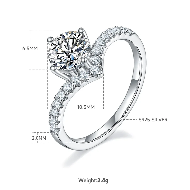 V-Shaped S925 White-Gold-Plated Silver Moissanite Women's Wedding Band 1ct D