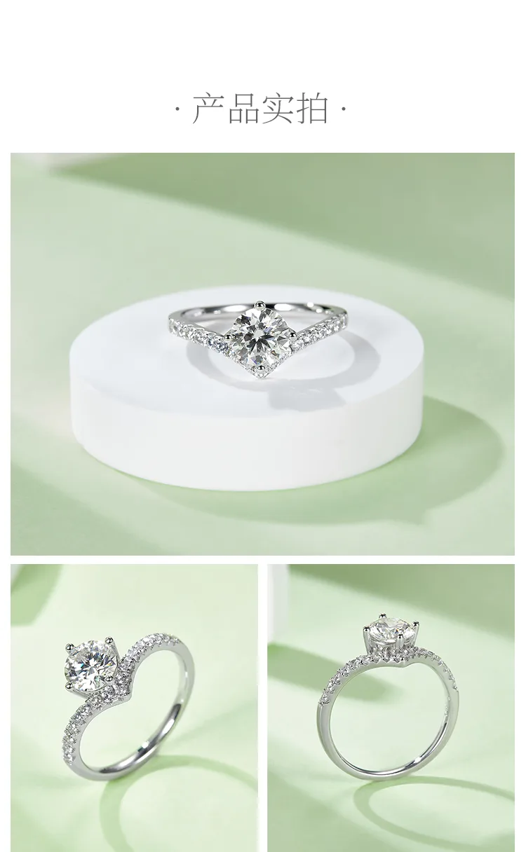 V Band Ring S925 White-Gold-Plated Silver Moissanite Wedding Band Women