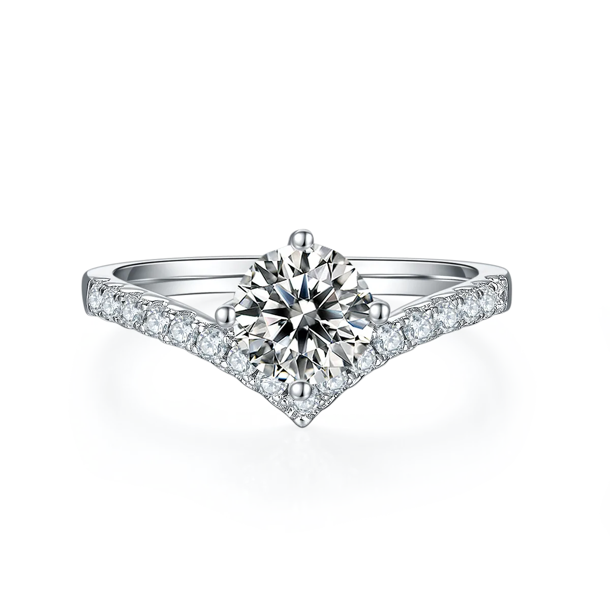 V Band Ring S925 White-Gold-Plated Silver Moissanite Wedding Band Women
