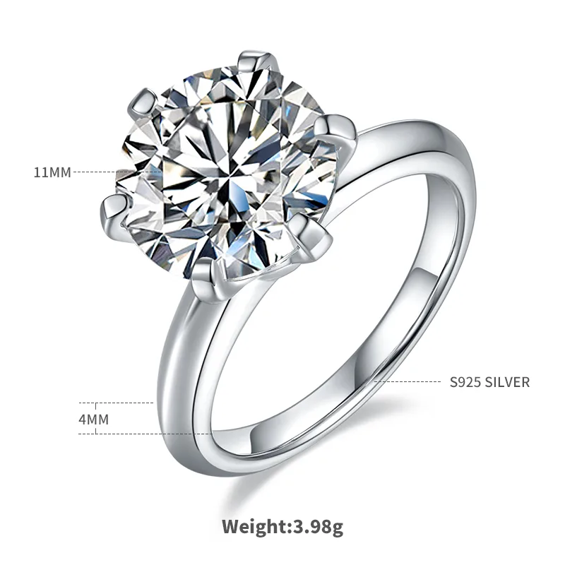 Plain Band T Six-Prong S925 White-Gold-Plated Silver Moissanite Proposal Ring Women's Ring 5.0ct D