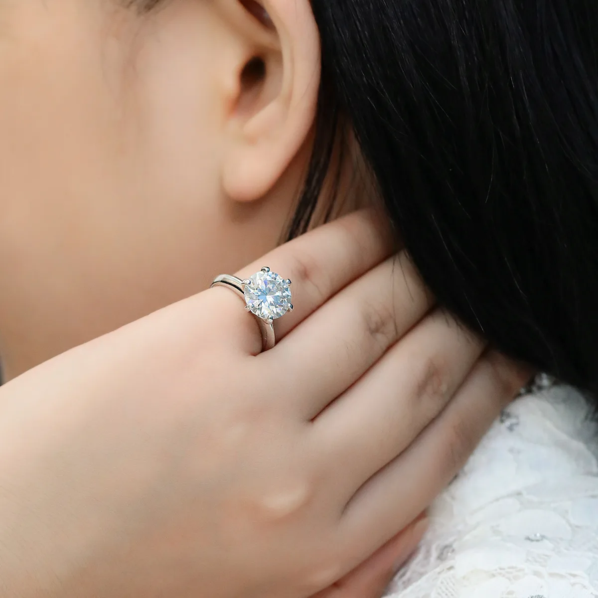 Plain Band T Six-Prong S925 White-Gold-Plated Silver Moissanite Proposal Ring Women's Ring 5.0ct D