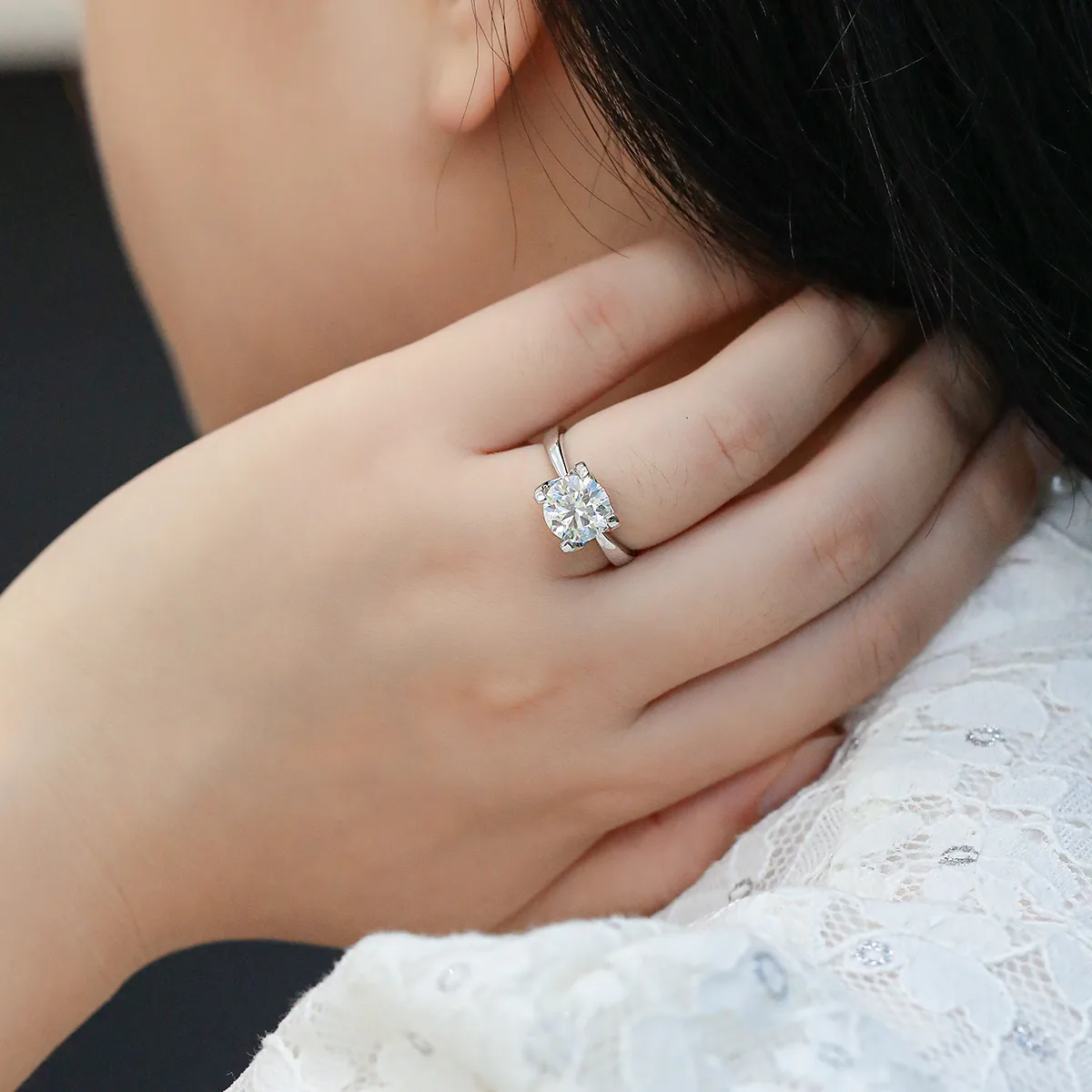 Classic Ox S925 White-Gold-Plated Silver Moissanite Engagement Ring Women's Ring 3.0ct D
