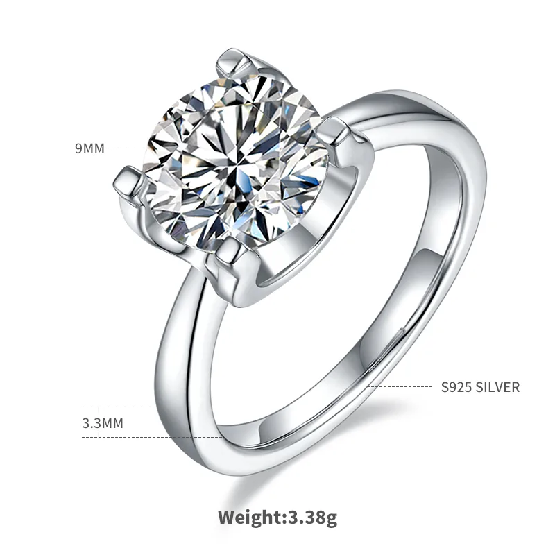 Classic Ox S925 White-Gold-Plated Silver Moissanite Engagement Ring Women's Ring 3.0ct D
