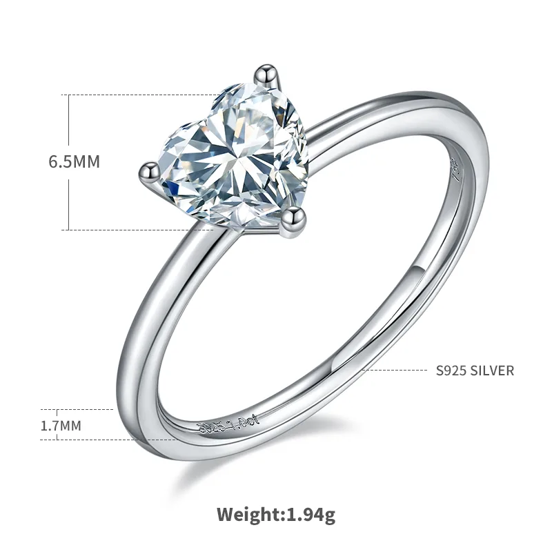 Classic Heart S925 White-Gold-Plated Silver Moissanite Wedding Band Women's Ring 1.0ct D