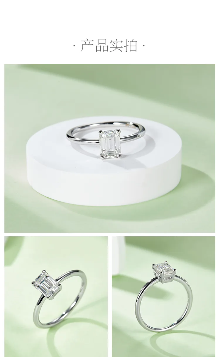Classic Rectangle S925 White-Gold-Plated Silver Moissanite Proposal Ring Women