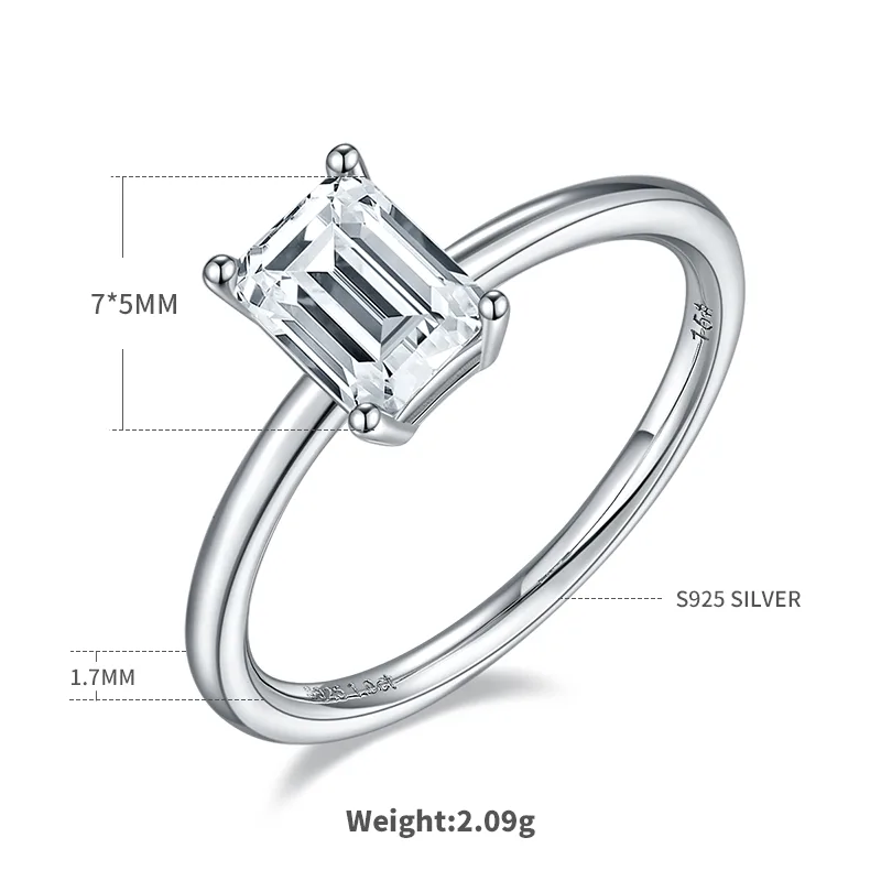 Classic Rectangle S925 White-Gold-Plated Silver Moissanite Proposal Ring Women's Ring 1.0ct D