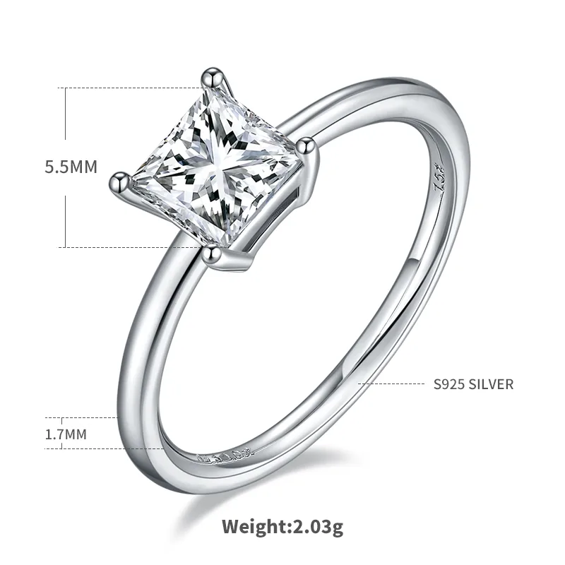 Classic Square S925 White-Gold-Plated Silver Moissanite Engagement Ring Women's Ring 1.0ct D