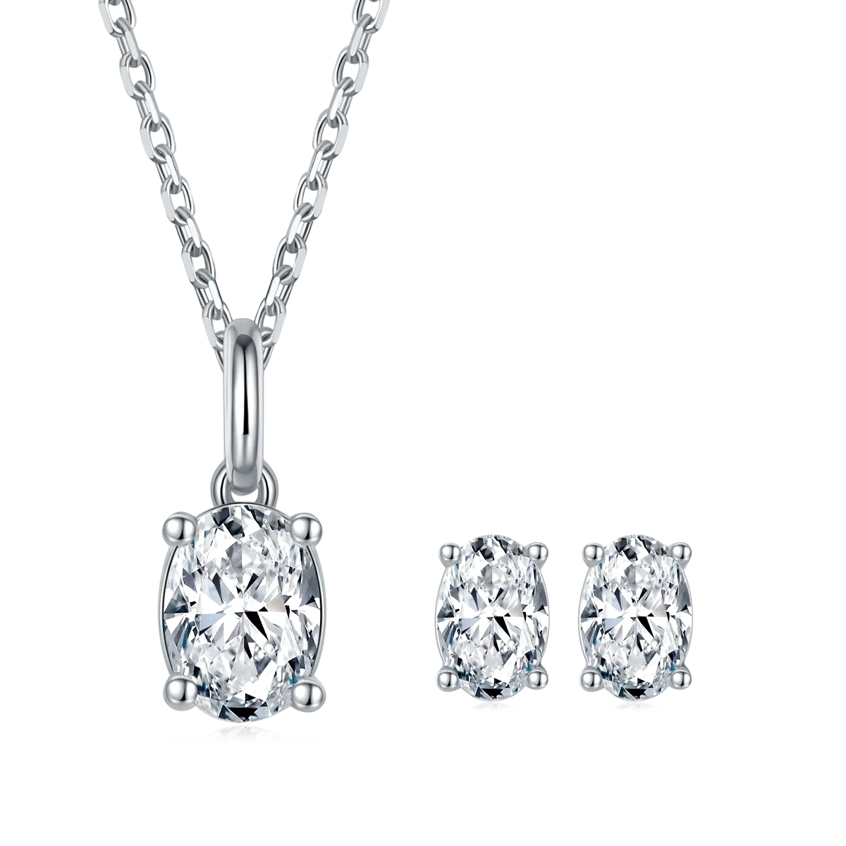 Classic Oval S925 White-Gold-Plated Silver Moissanite Pendant Stud Earrings Jewelry Set