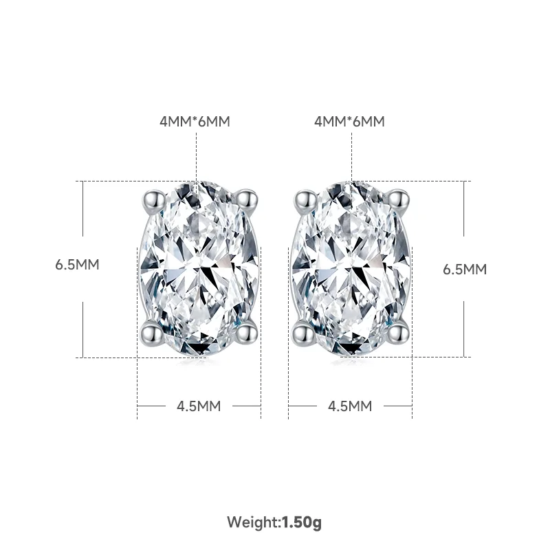 Classic Oval S925 White-Gold-Plated Silver Moissanite Pendant Stud Earrings Jewelry Set