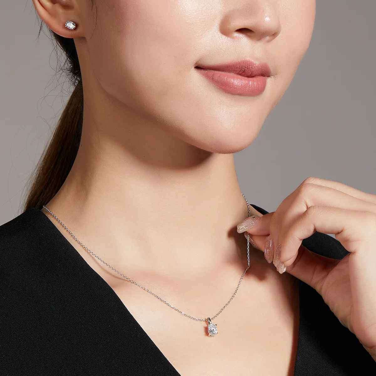 Classic Oval S925 White-Gold-Plated Silver Moissanite Pendant Stud Earrings Jewelry Set