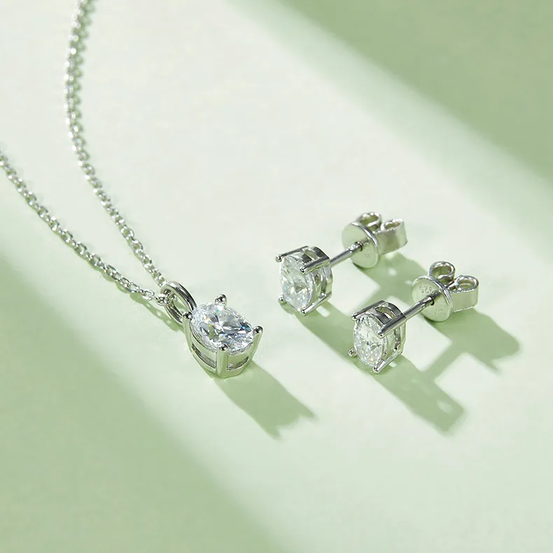 Classic Oval S925 White-Gold-Plated Silver Moissanite Pendant Stud Earrings Jewelry Set