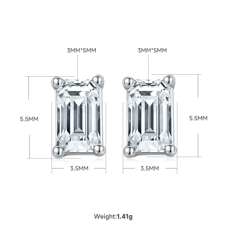 Classic Rectangle S925 White-Gold-Plated Silver Moissanite Pendant Stud Earrings Jewelry Set