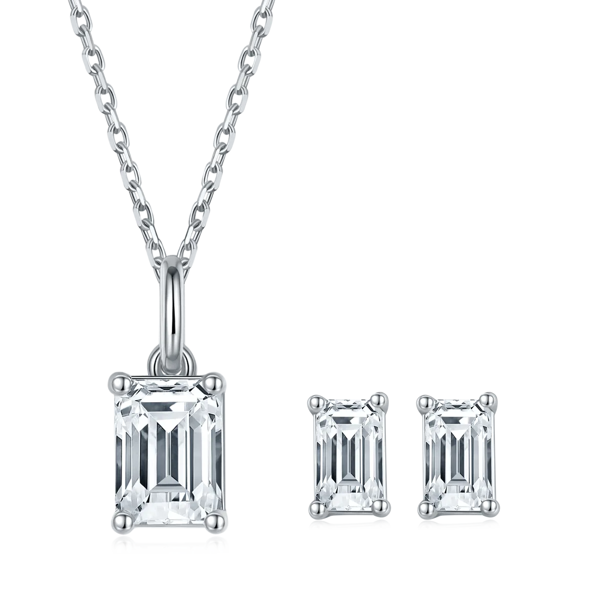 Classic Rectangle S925 White-Gold-Plated Silver Moissanite Pendant Stud Earrings Jewelry Set