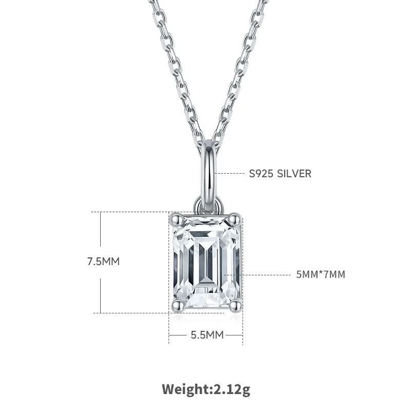 Classic Rectangle S925 White-Gold-Plated Silver Moissanite Pendant Stud Earrings Jewelry Set