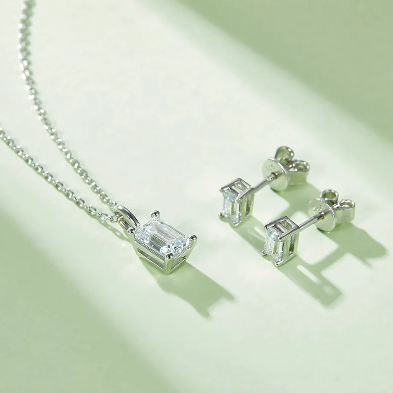 Classic Rectangle S925 White-Gold-Plated Silver Moissanite Pendant Stud Earrings Jewelry Set
