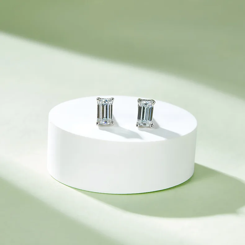 Classic Rectangle S925 White-Gold-Plated Silver Moissanite Pendant Stud Earrings Jewelry Set