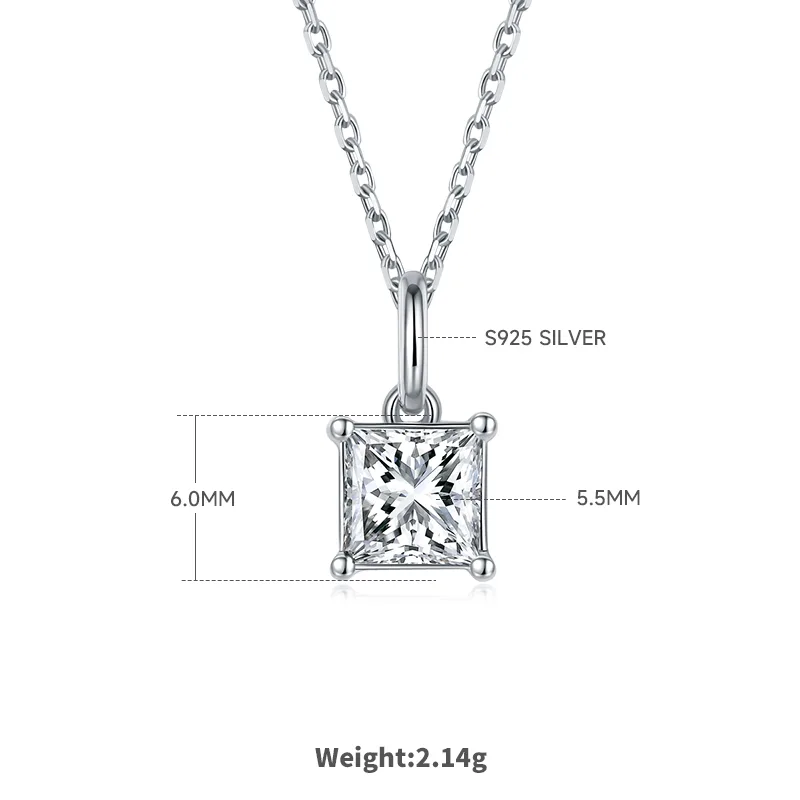 Classic Square S925 White-Gold-Plated Silver Moissanite Pendant Stud Earrings Jewelry Set