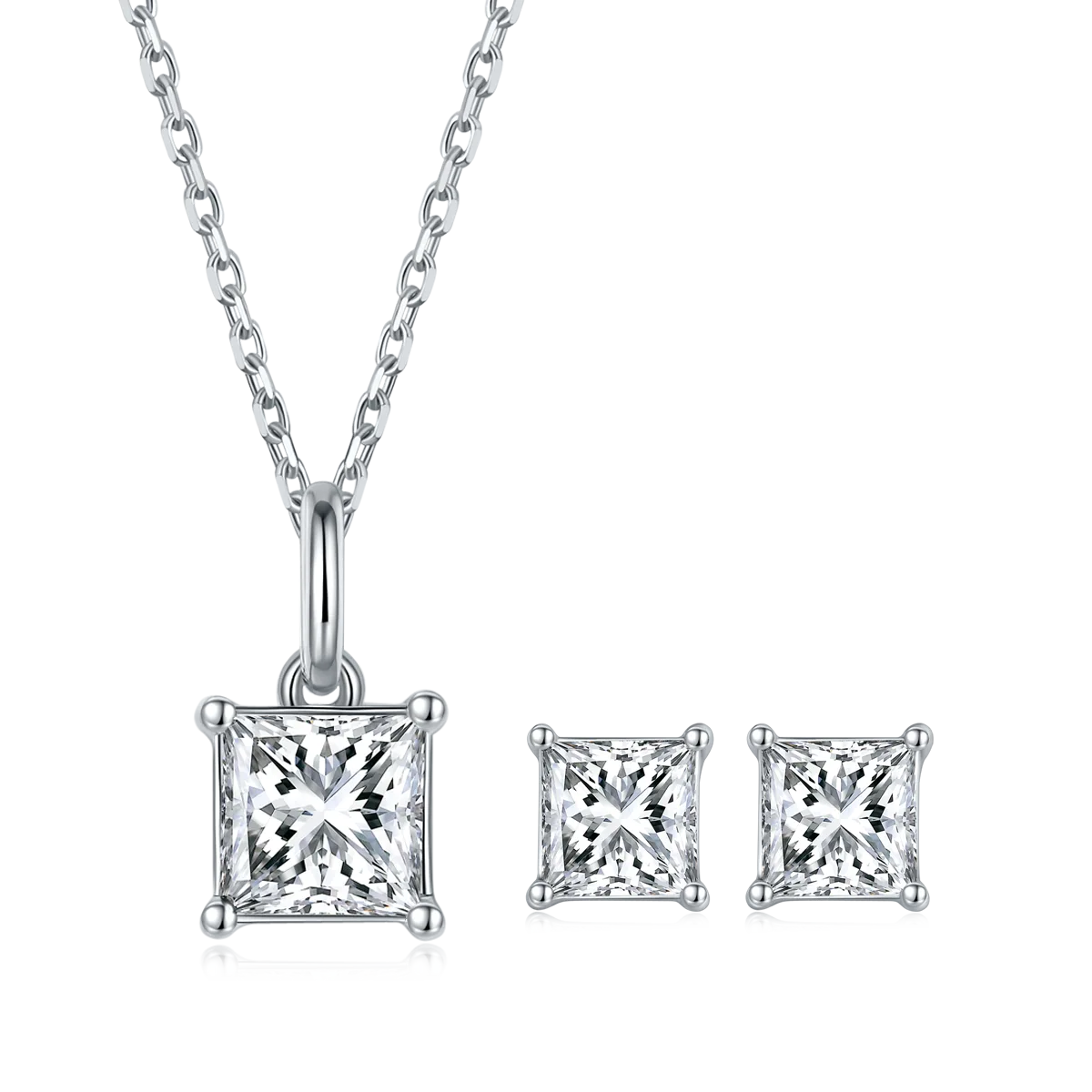 Classic Square S925 White-Gold-Plated Silver Moissanite Pendant Stud Earrings Jewelry Set