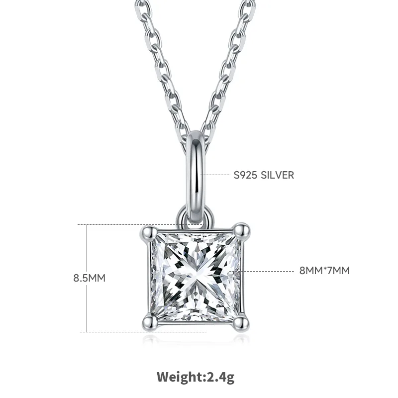 Classic Square S925 White-Gold-Plated Silver Moissanite Pendant Stud Earrings Jewelry Set