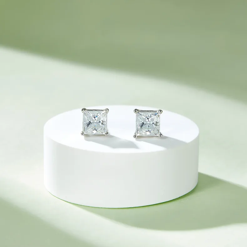 Classic Square S925 White-Gold-Plated Silver Moissanite Pendant Stud Earrings Jewelry Set