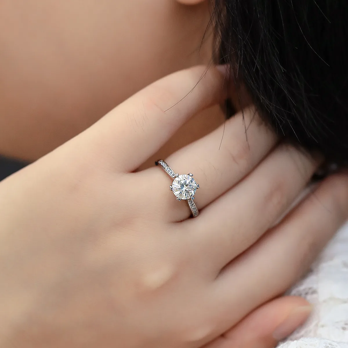 Fortune Turns S925 White-Gold-Plated Silver Moissanite Engagement Ring Women's Ring 1.5ct D