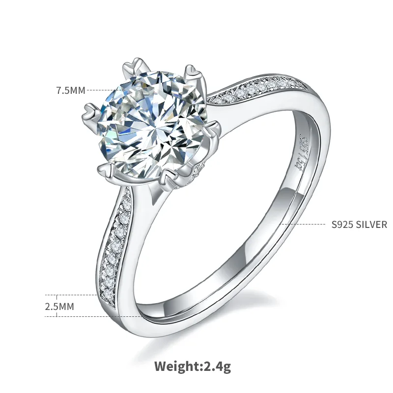 Fortune Turns S925 White-Gold-Plated Silver Moissanite Engagement Ring Women's Ring 1.5ct D