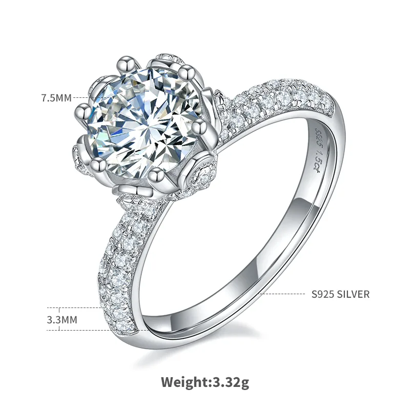 Straight-Band Luxury Pavé Flora S925 White-Gold-Plated Silver Moissanite Proposal Ring Women's Ring 1.5ct D