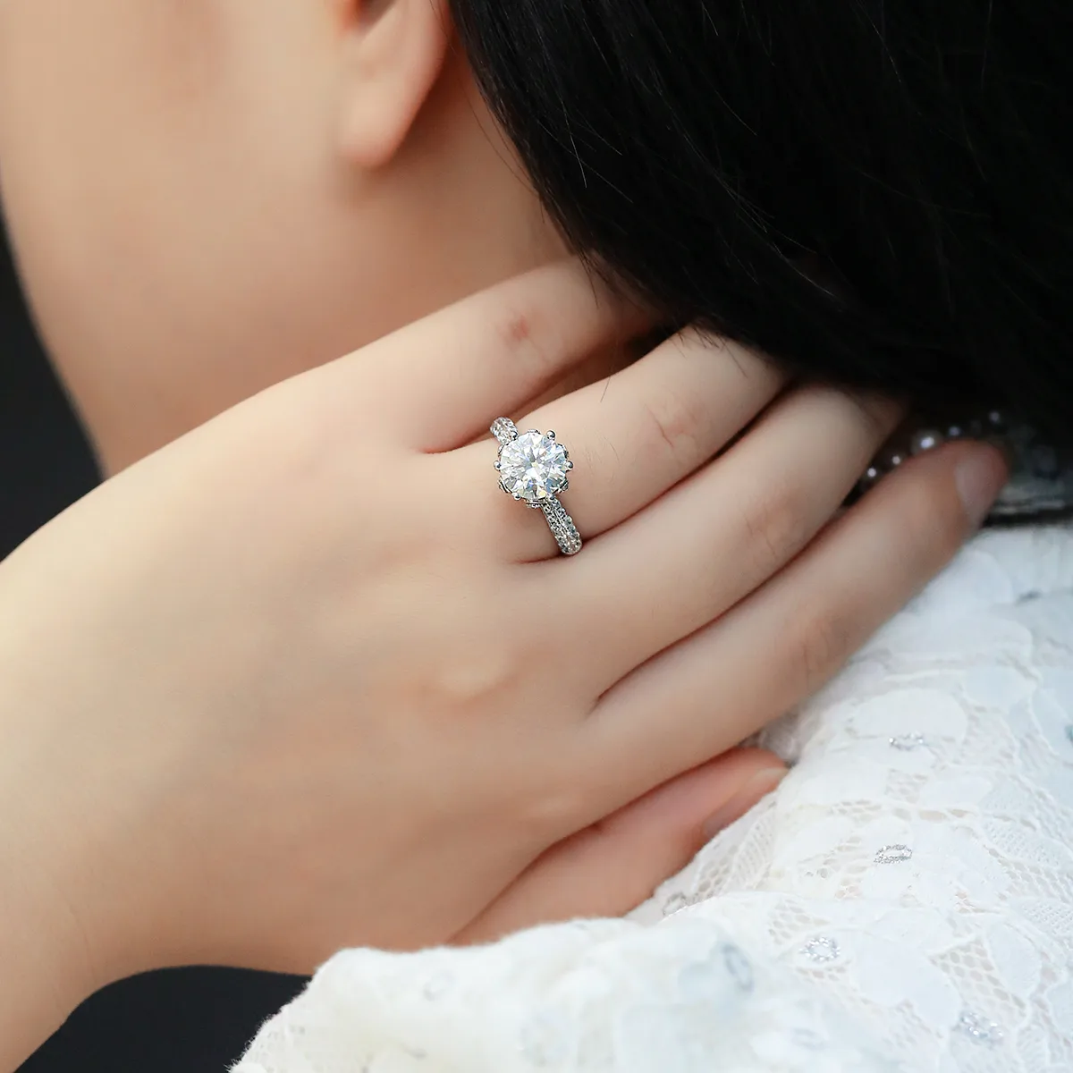 Straight-Band Luxury Pavé Flora S925 White-Gold-Plated Silver Moissanite Wedding Band Women's Ring 3.0ct D