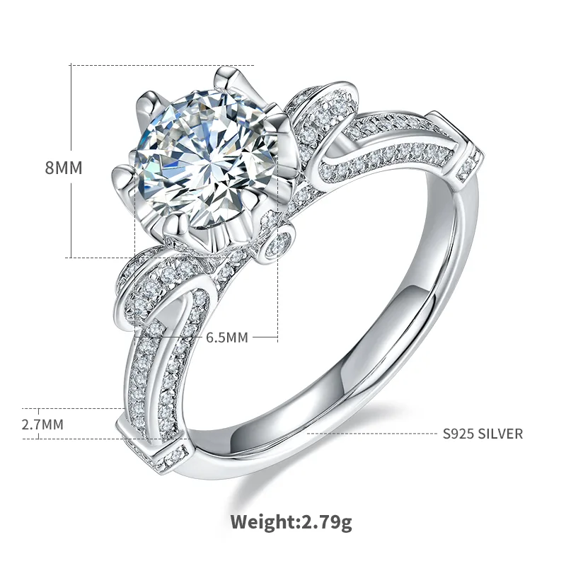 S925 White-Gold-Plated Silver Moissanite Engagement Ring Women's Ring 1ct D