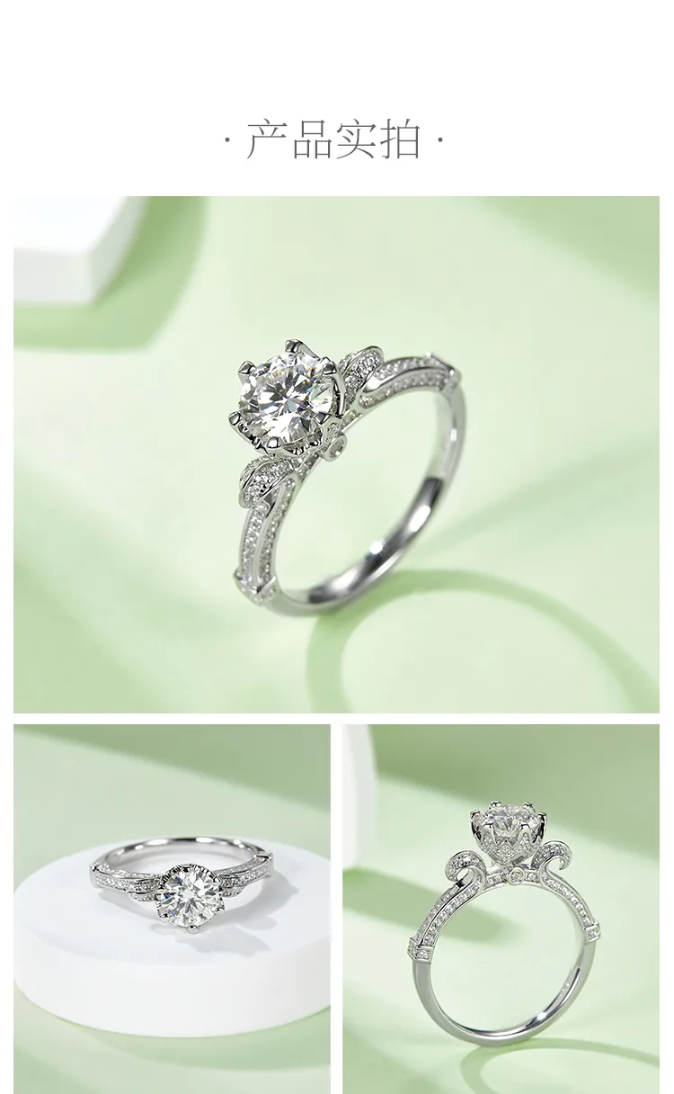 S925 White-Gold-Plated Silver Moissanite Engagement Ring Women