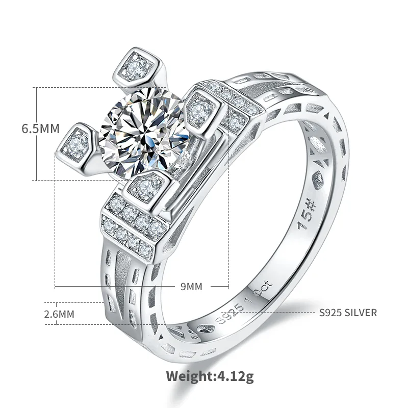 S925 White-Gold-Plated Silver Moissanite Wedding Band Women's Ring 1ct D