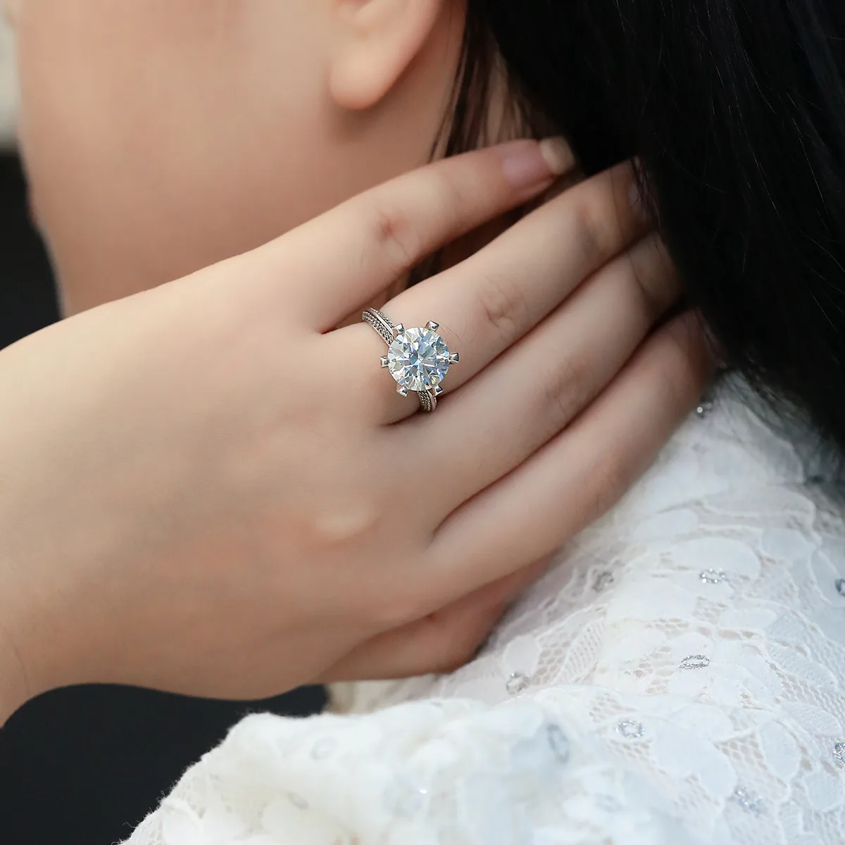 Half-Band S925 White-Gold-Plated Silver Moissanite Proposal Ring Women's Ring 5.0ct D