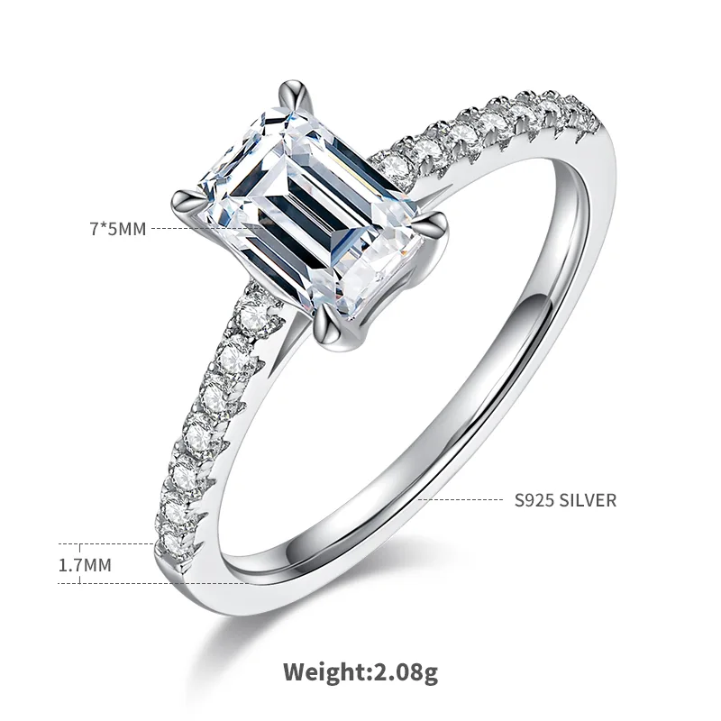 Micro-Pavé Rectangle S925 White-Gold-Plated Silver Moissanite Engagement Ring Women's Ring 1.0ct D