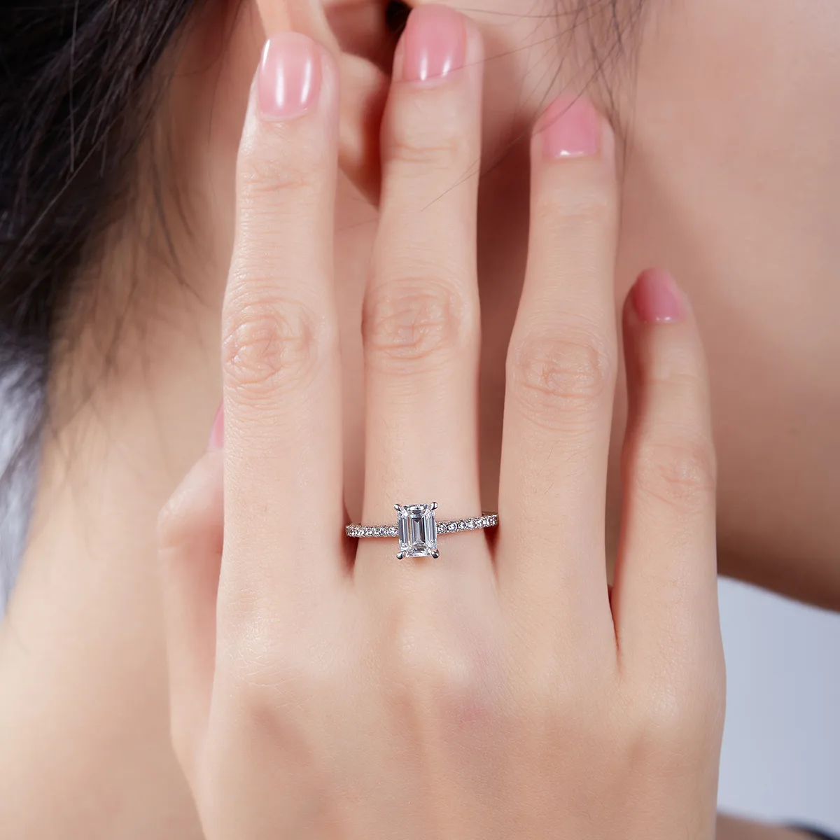 Micro-Pavé Rectangle S925 White-Gold-Plated Silver Moissanite Engagement Ring Women's Ring 1.0ct D