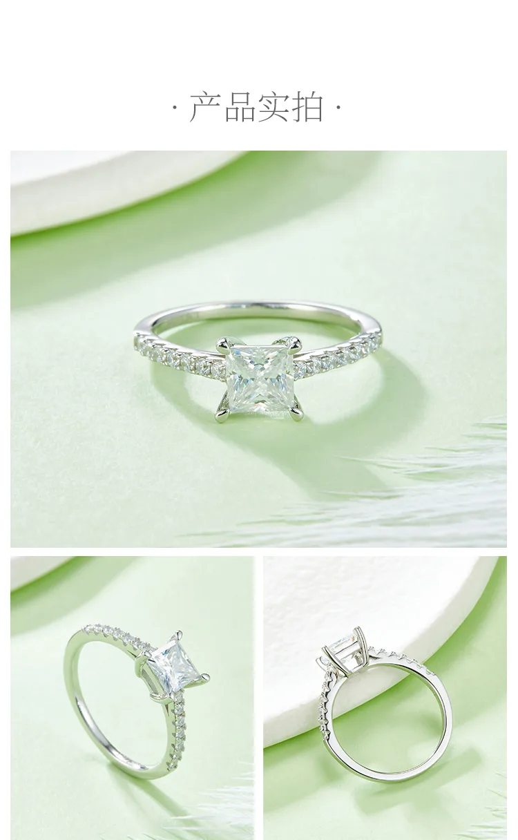 Micro-Pavé Square S925 White-Gold-Plated Silver Moissanite Proposal Ring Women