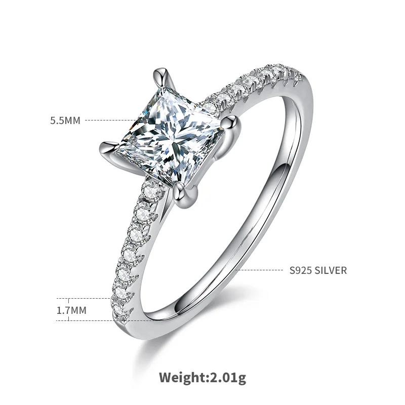 Micro-Pavé Square S925 White-Gold-Plated Silver Moissanite Proposal Ring Women's Ring 1.0ct D