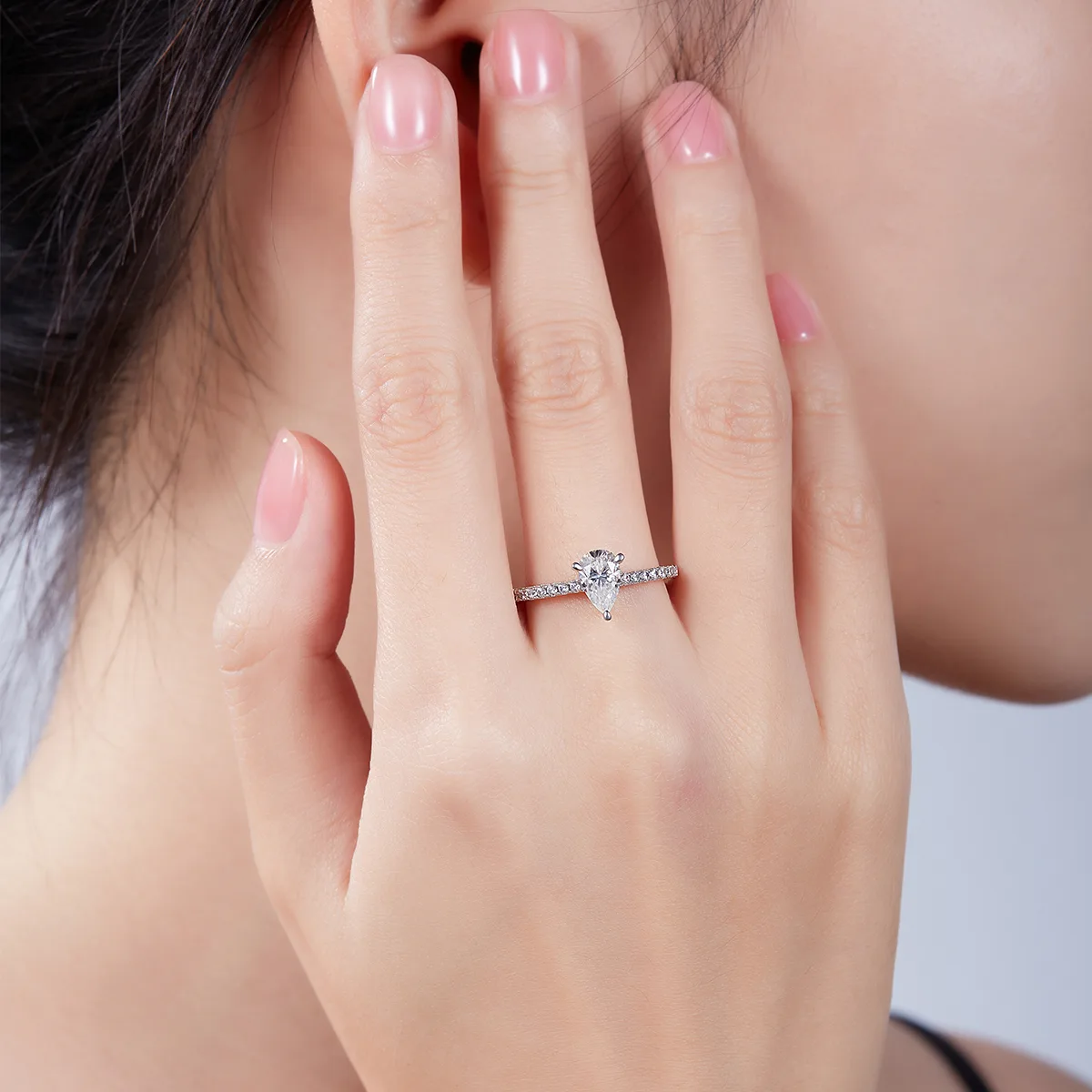 Micro-Pavé Pear S925 White-Gold-Plated Silver Moissanite Engagement Ring Women's Ring 1.0ct D