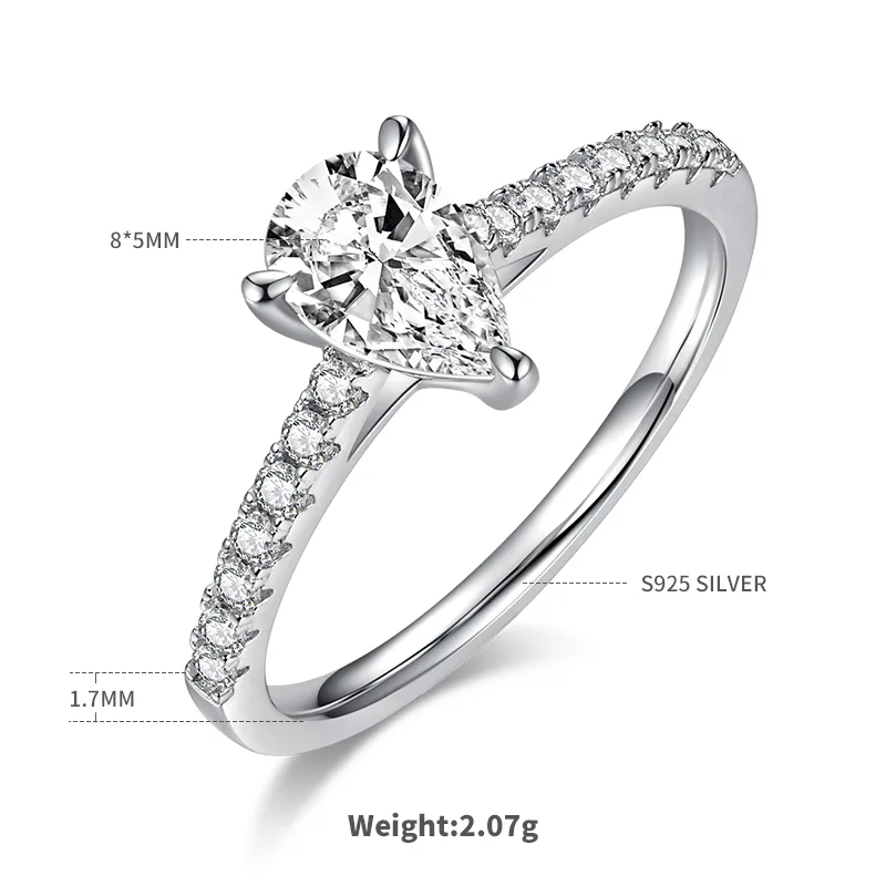Micro-Pavé Pear S925 White-Gold-Plated Silver Moissanite Engagement Ring Women's Ring 1.0ct D