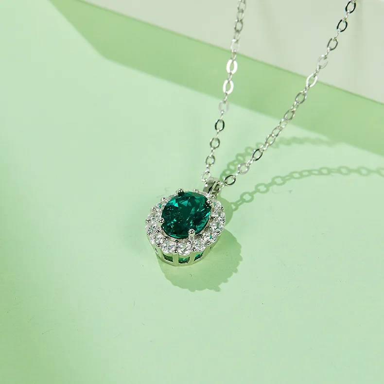 AP0317 Oval Lab-Grown Emerald S925 White-Gold-Plated Silver Necklace 8*6mm/1.0CT