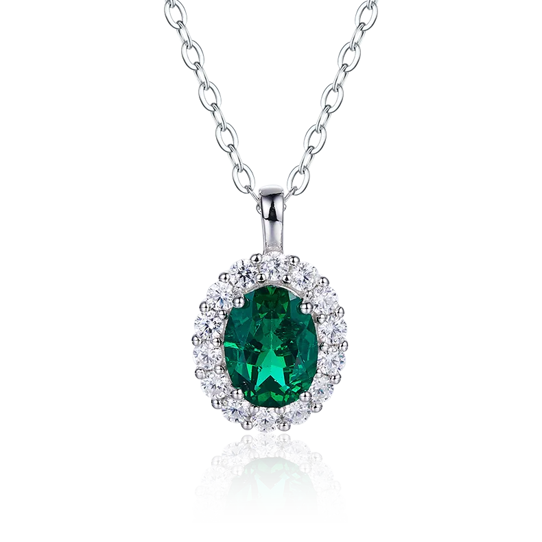 AP0317 Oval Lab-Grown Emerald S925 White-Gold-Plated Silver Necklace 8*6mm/1.0CT