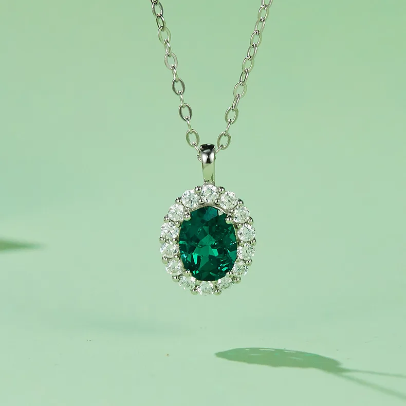 AP0317 Oval Lab-Grown Emerald S925 White-Gold-Plated Silver Necklace 8*6mm/1.0CT