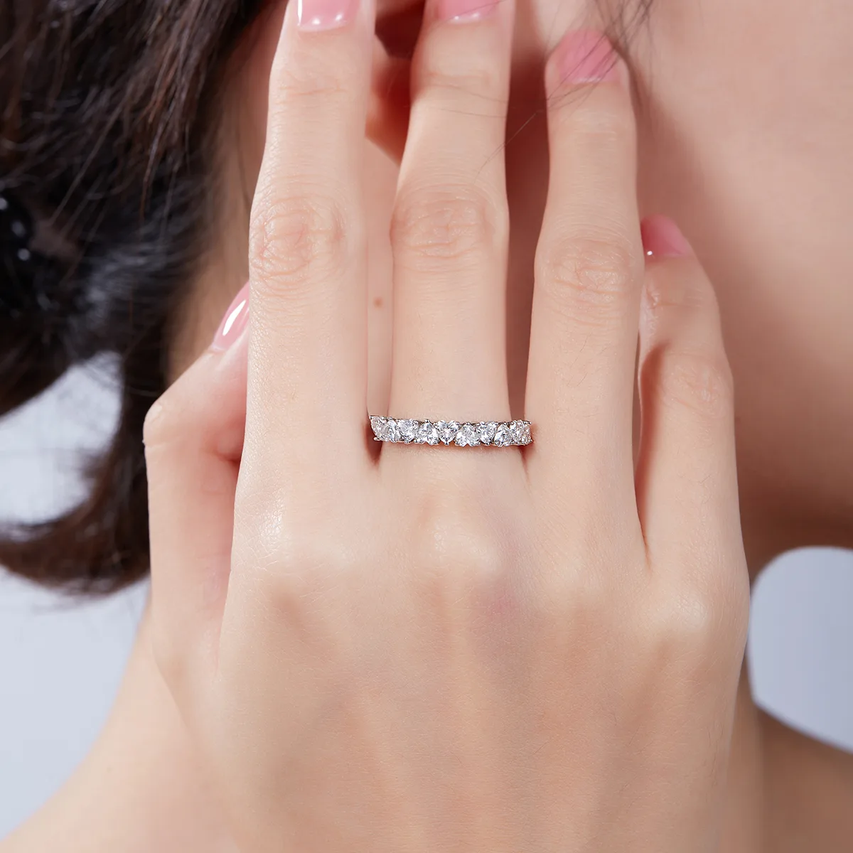 Heart Band Ring S925 White-Gold-Plated Silver Moissanite Confession Ring Women's Ring 1.0ct D