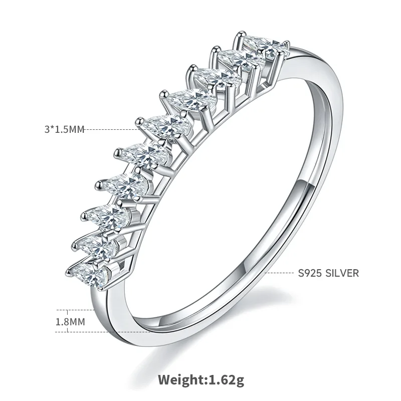 Pear Band Ring S925 White-Gold-Plated Silver Moissanite Anniversary Ring Women's Ring 1.0ct D