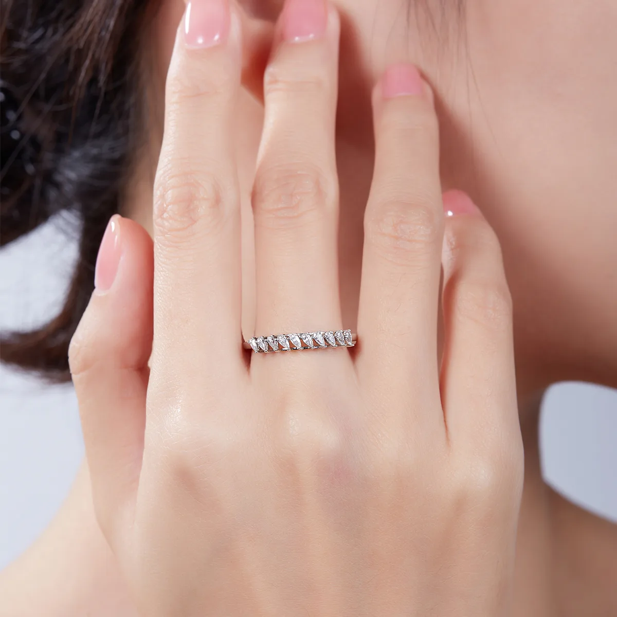 Pear Band Ring S925 White-Gold-Plated Silver Moissanite Anniversary Ring Women's Ring 1.0ct D