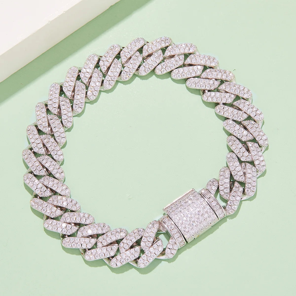 14mm Cuban Link Chain S925 Silver Moissanite Melee Round White DVVS